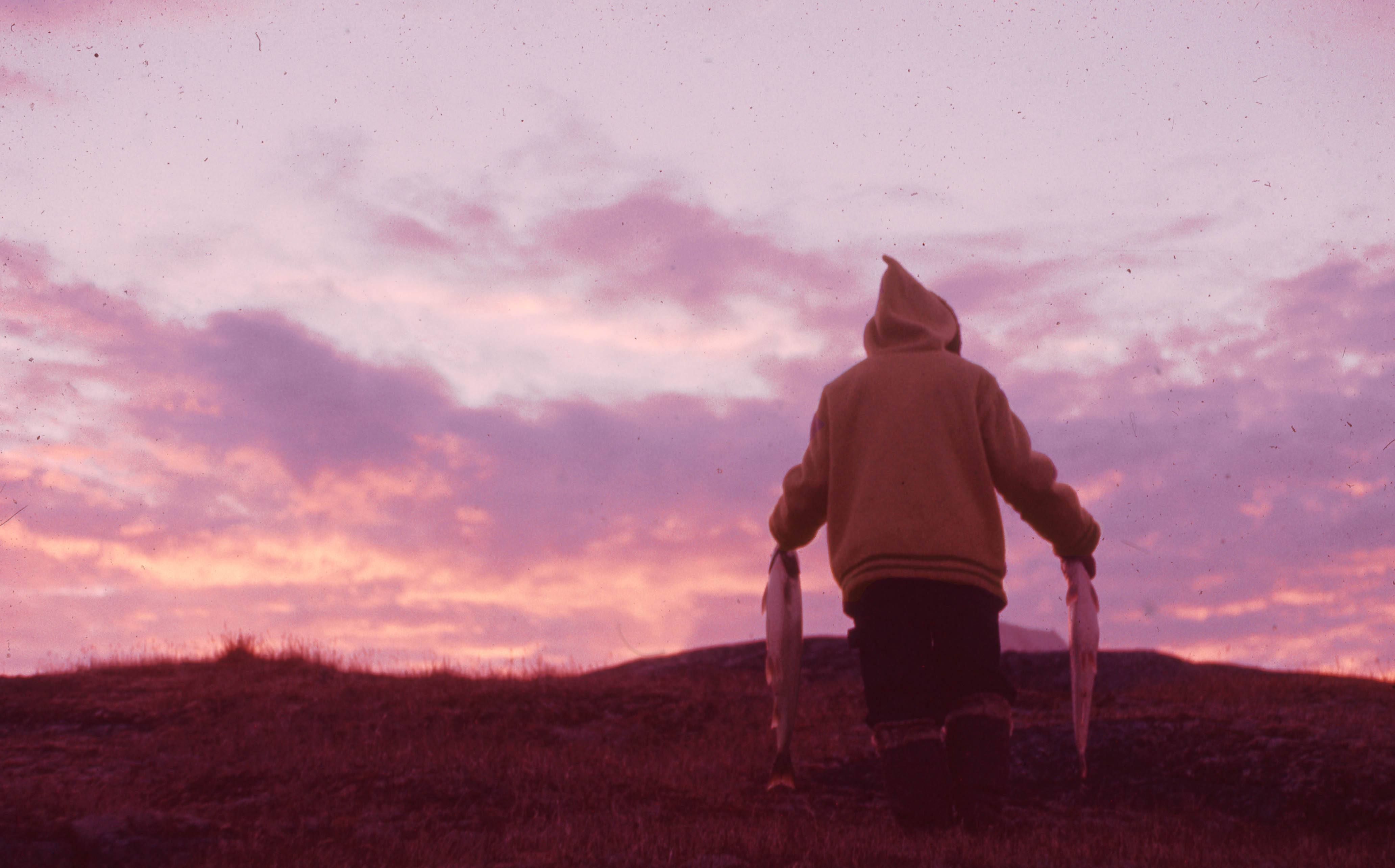 Photograph of a person holding two char in Ikkudliayuk, Labrador